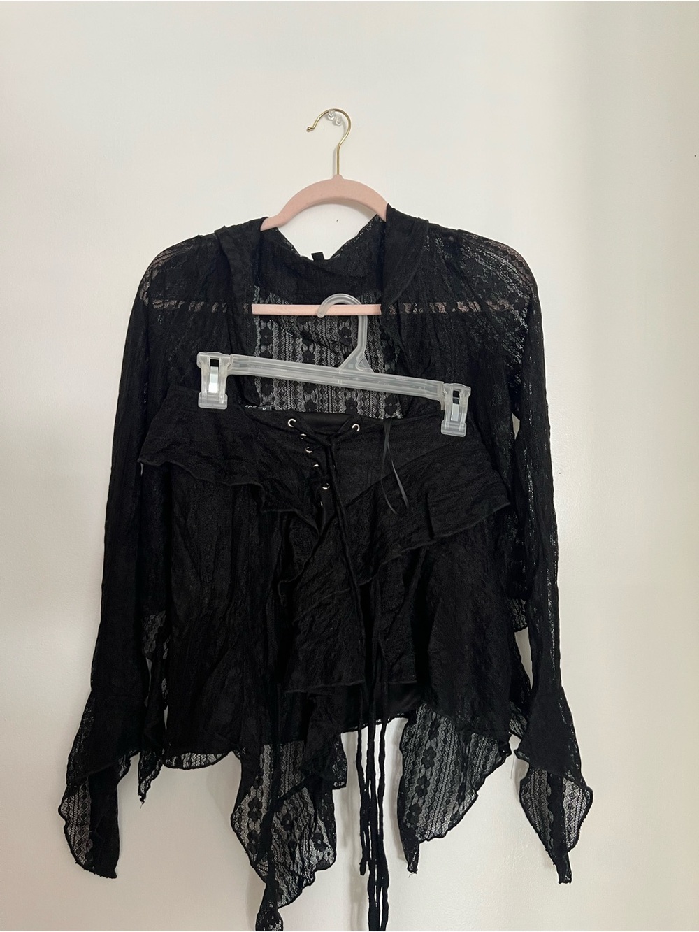 Black Lace Ruffle Tie-Front Women's Two Piece